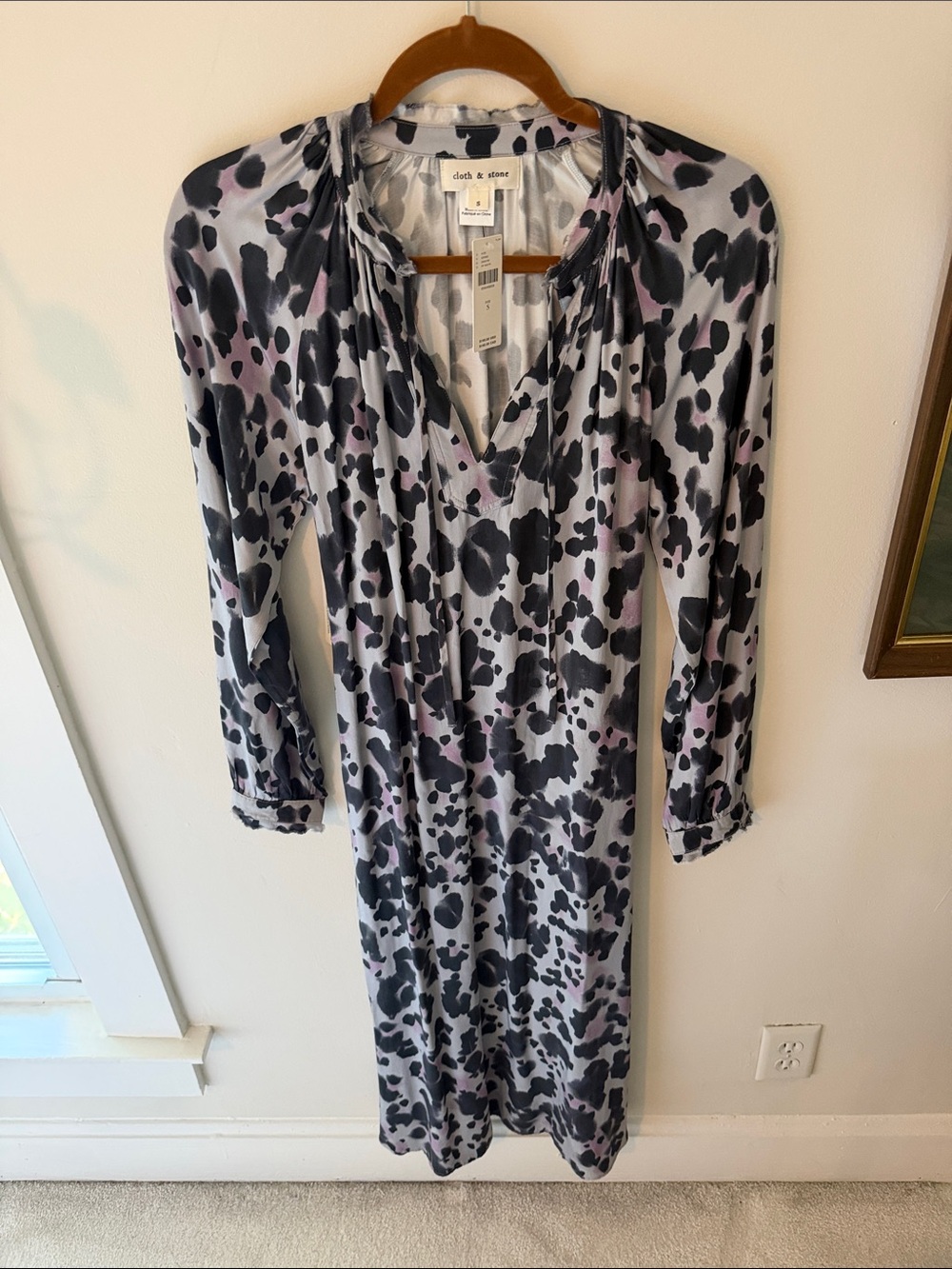 Anthropologie Gray and Pink Leopard-Print Long Sleeve Dress